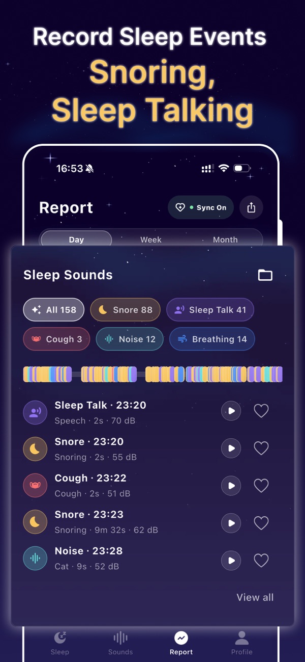 Official NiceSleep App Store promotional screenshot showing sound events and saved-clip playback controls